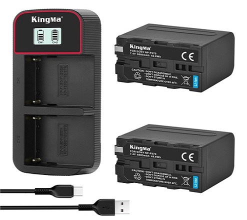 KingMa 6600mAh NP-F970 2-Pack Battery and LCD Dual Charger Kit for Sony FM50 F055H QM71 QM91 F550 F750 F970